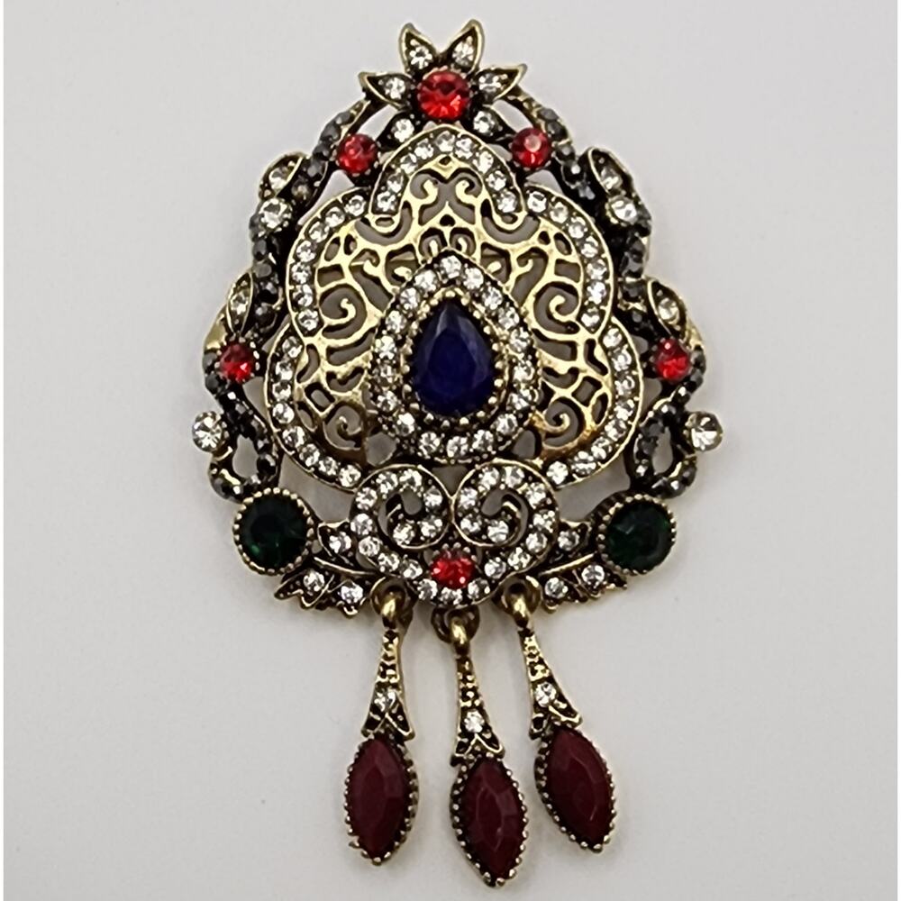 Palace Style Regal Brooch Faux Jewel and Rhinestones Gold Tone Metal
